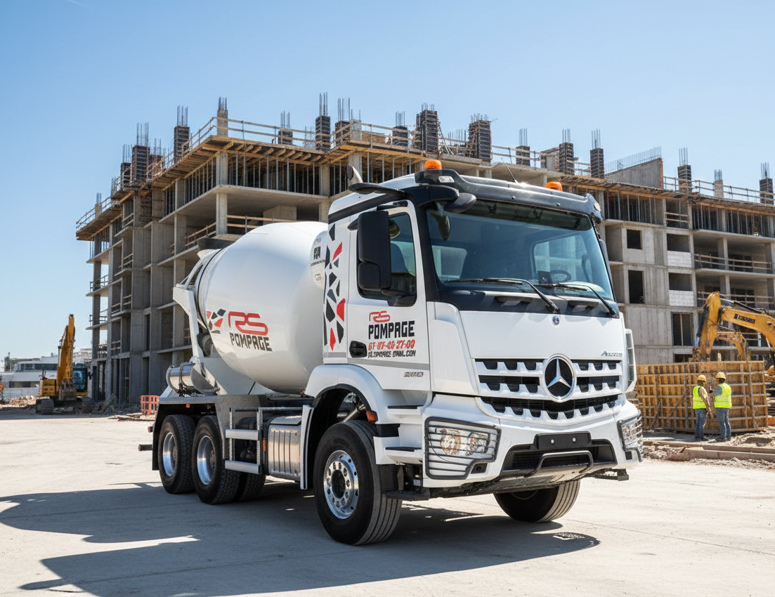 Camion malaxeur toupie transport béton RS Pompage chantier Lyon